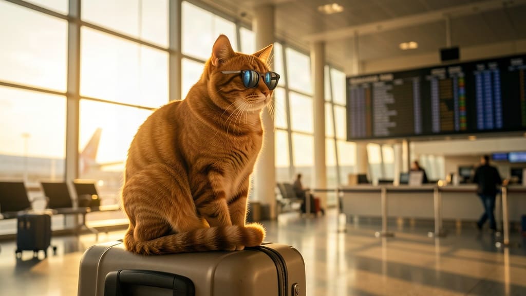 Un gatto con gli occhiali sopra una valigia guarda il tabellone