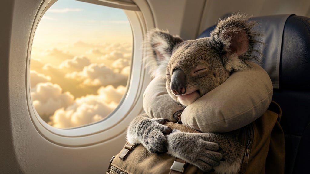 Un koala col cuscino da viaggio abbraccia lo zaino al finestrino dell'aereo
