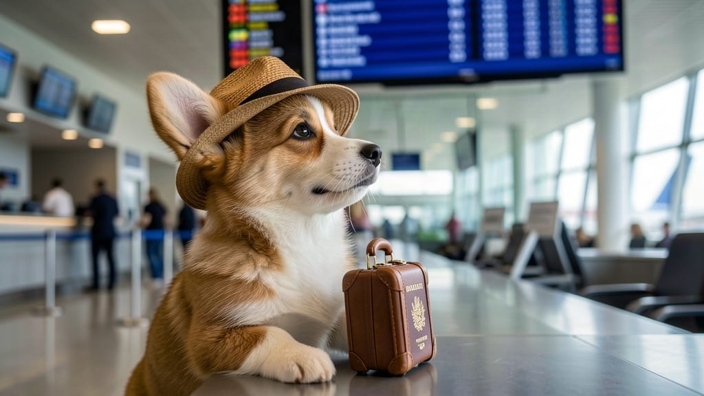 Un cucciolo di corgi con valigia e passaporto al check-in