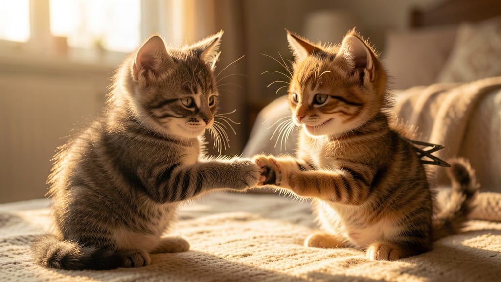 Due gattini si stringono la zampa, ma uno incrocia le unghie dietro la schiena