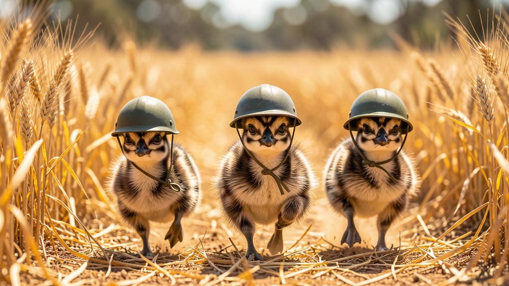 Pulcini di emù con elmetti minuscoli corrono in un campo di grano