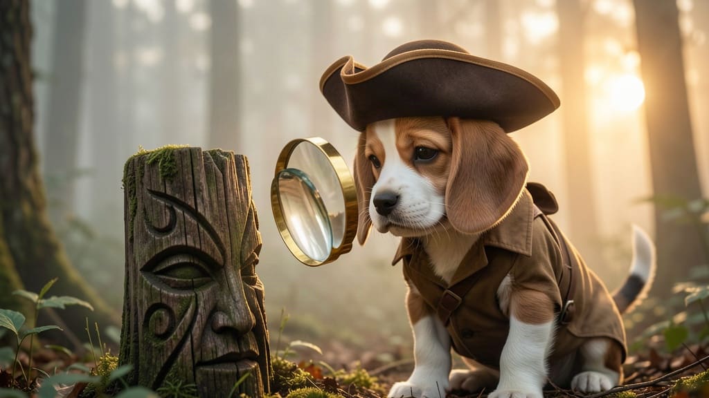 Un cucciolo di beagle detective esamina un palo misterioso nella nebbia