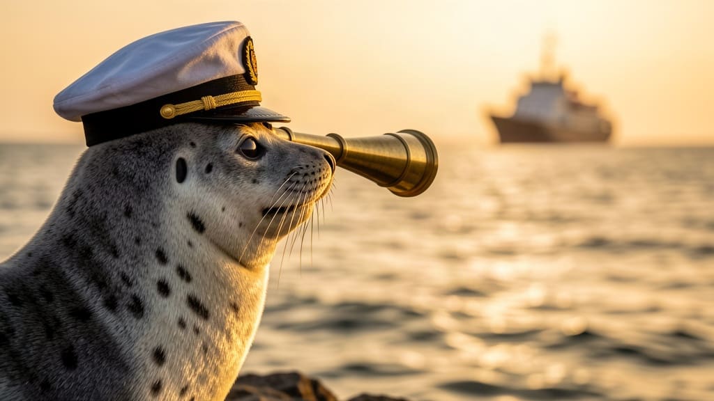 Una foca con berretto da marinaio osserva una nave con il cannocchiale
