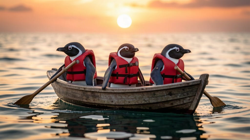 Tre pinguini con il giubbotto salvagente remano su una scialuppa
