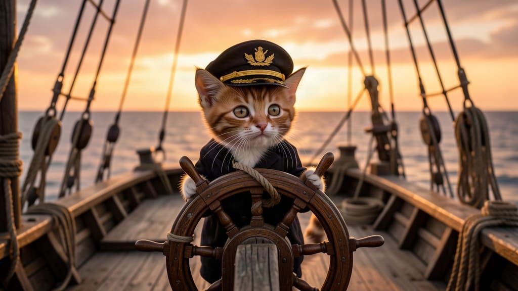 Un gattino capitano da solo al timone di una nave vuota