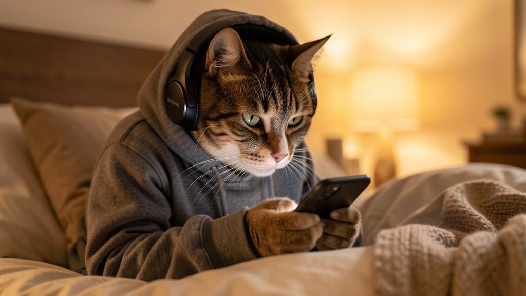 Un gatto con felpa e cuffie che scrive messaggi