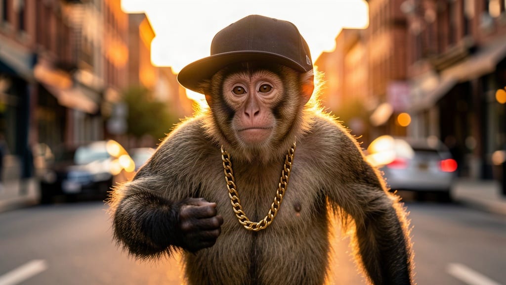 Una scimmia con snapback e catena d'oro in posa da rapper