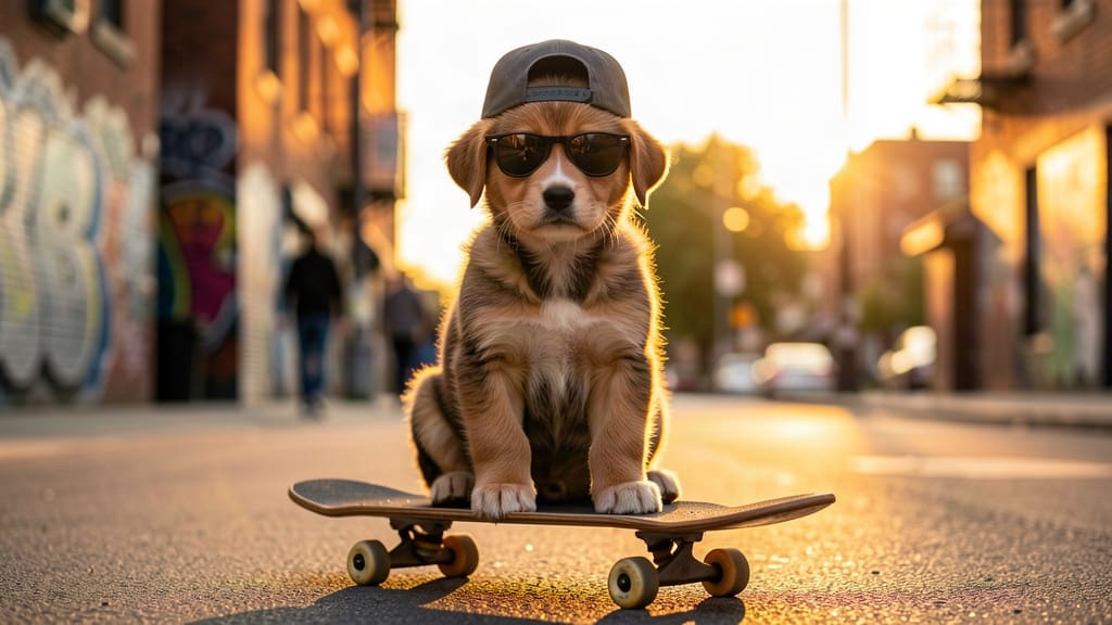 Un cucciolo con cappellino al contrario e occhiali su uno skateboard