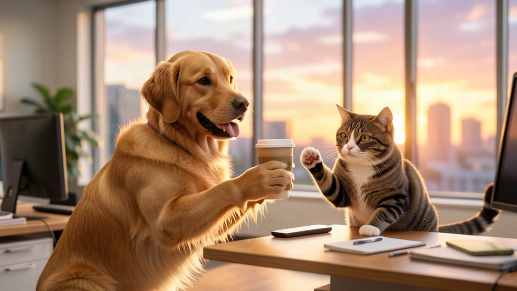 Un golden retriever porta il caffè a un collega gatto e lo saluta