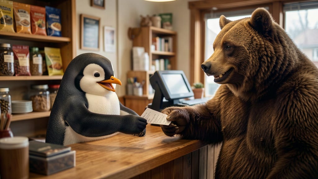 Un pinguino cassiere sorride e dà lo scontrino a un orso cliente