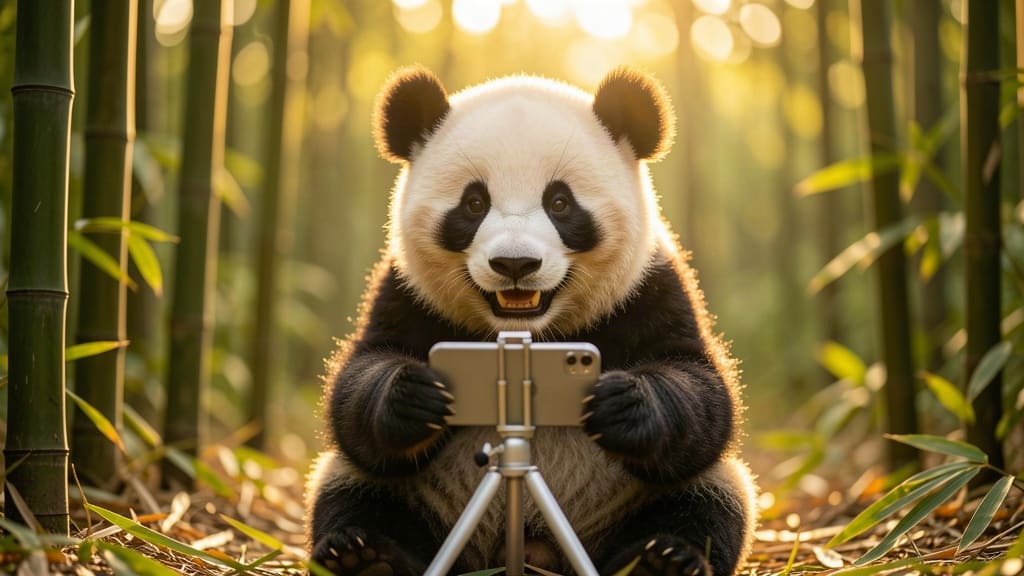 Un cucciolo di panda che si registra con lo smartphone