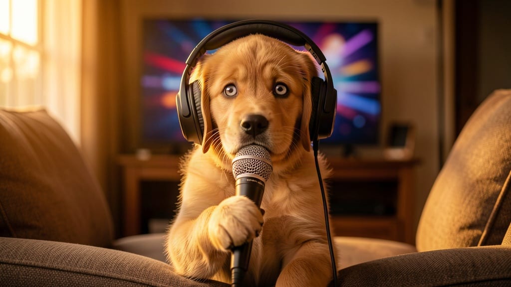 Un cucciolo di golden retriever con cuffie e microfono, bloccato dalla paura del palco